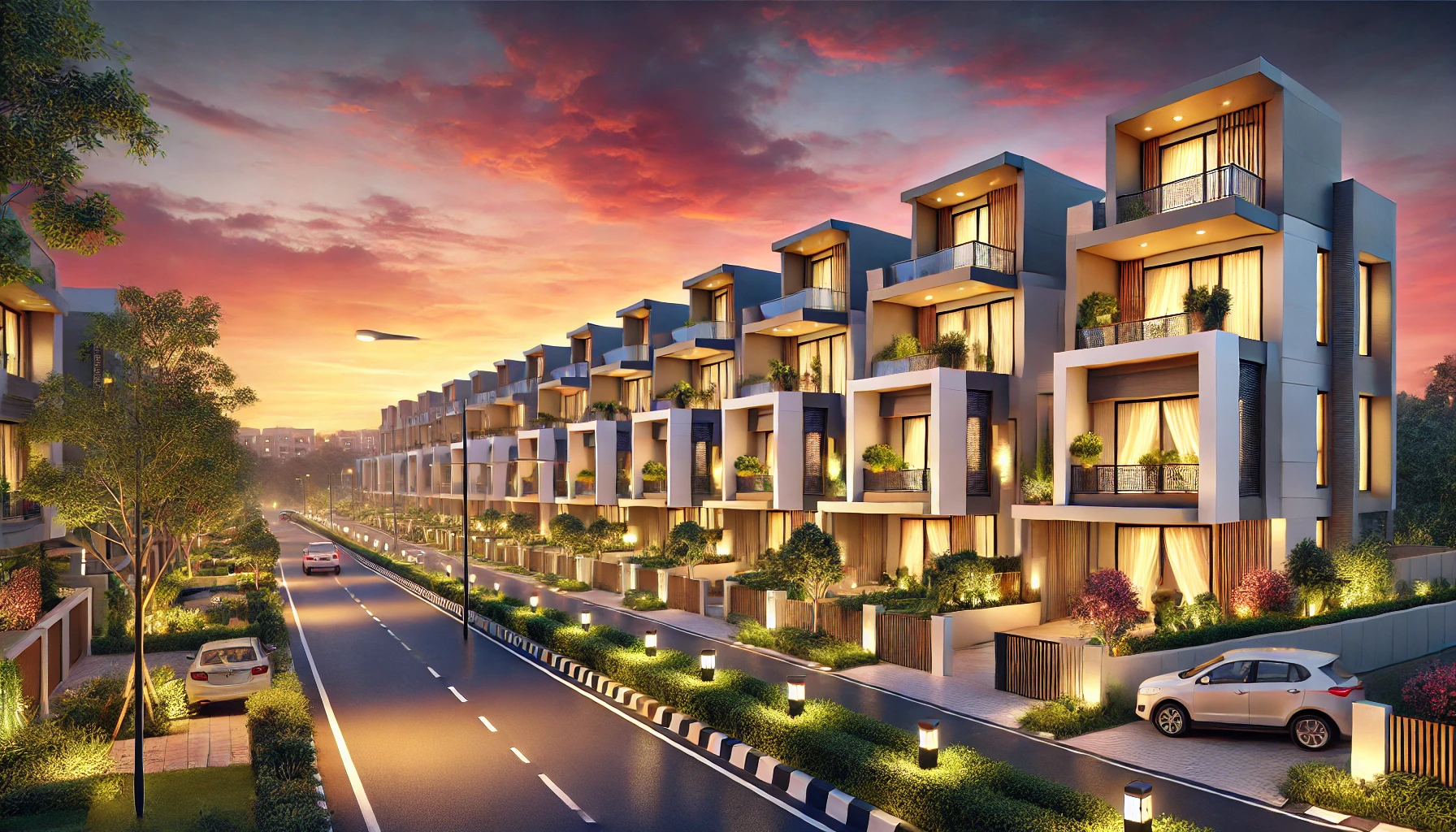DALL·E 2024 11 13 02.00.52 Multiple units of modern 3 BHK duplex villas lined along a wide clean RCC road in a gated community at evening time with a beautiful sunset and vibra